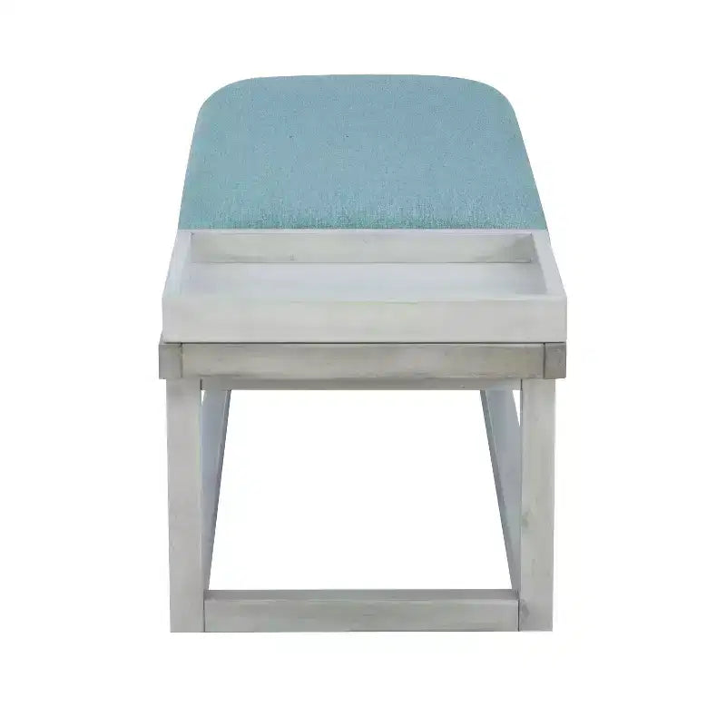 Banc capitonné de rangement moderne avec plateau, délavé et sarcelle
