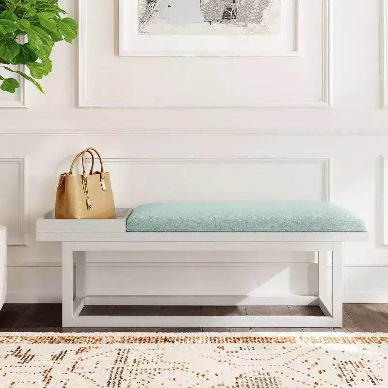 Banc capitonné de rangement moderne avec plateau, délavé et sarcelle
