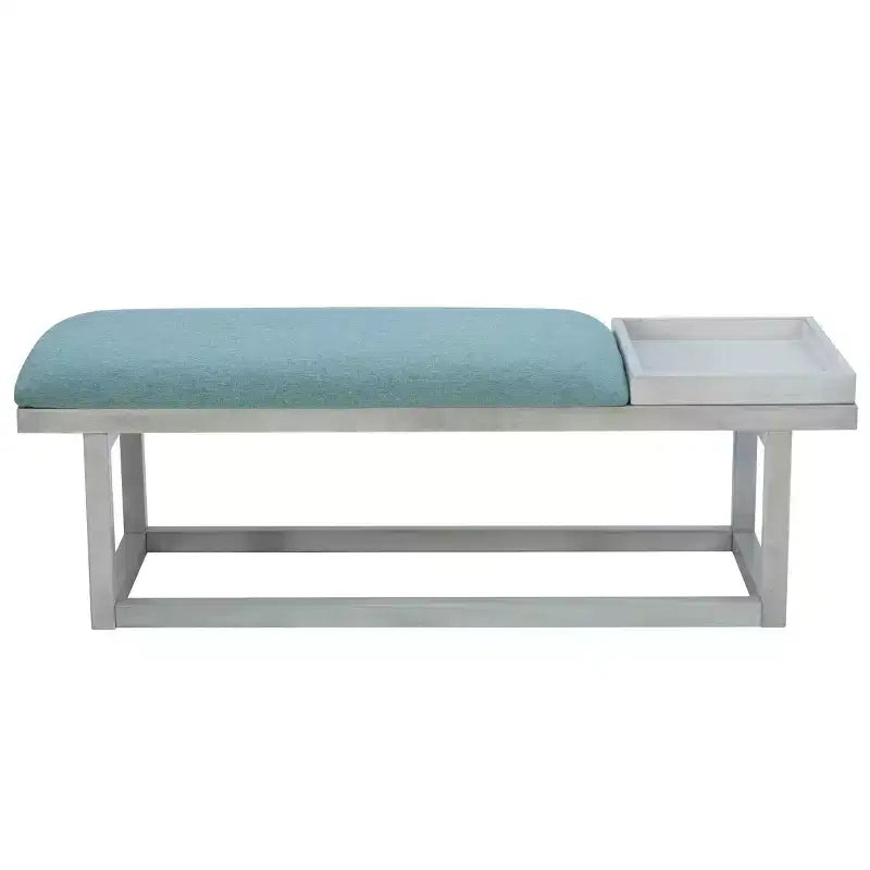 Banc capitonné de rangement moderne avec plateau, délavé et sarcelle