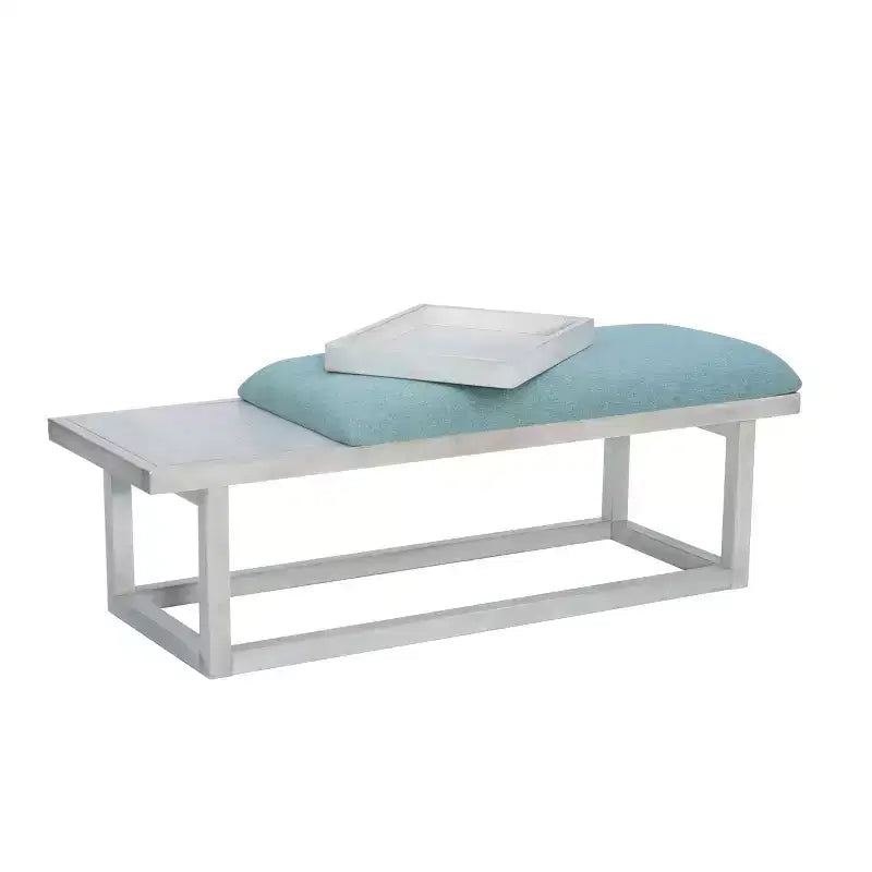 Banc capitonné de rangement moderne avec plateau, délavé et sarcelle