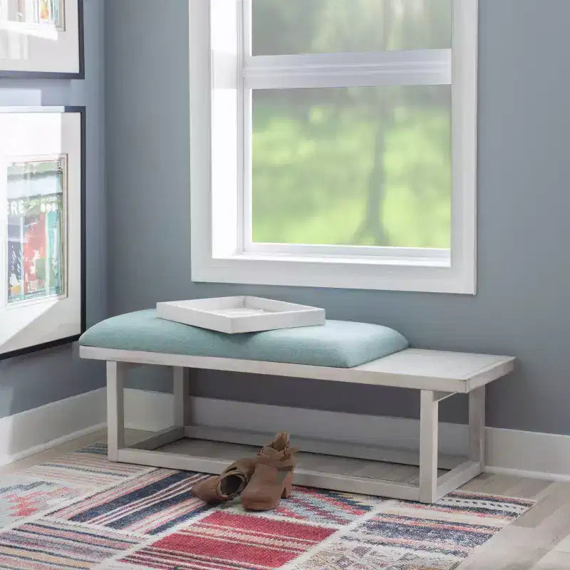 Banc capitonné de rangement moderne avec plateau, délavé et sarcelle