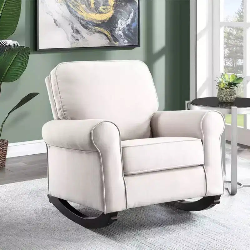 Fauteuil à bascule de 37 po, tissu lin beige, cadre en métal