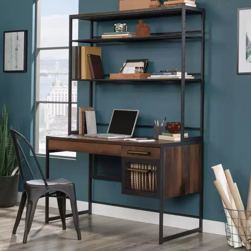 Bureau d'ordinateur à domicile avec huche, étagère et tiroir classeur, chêne baril