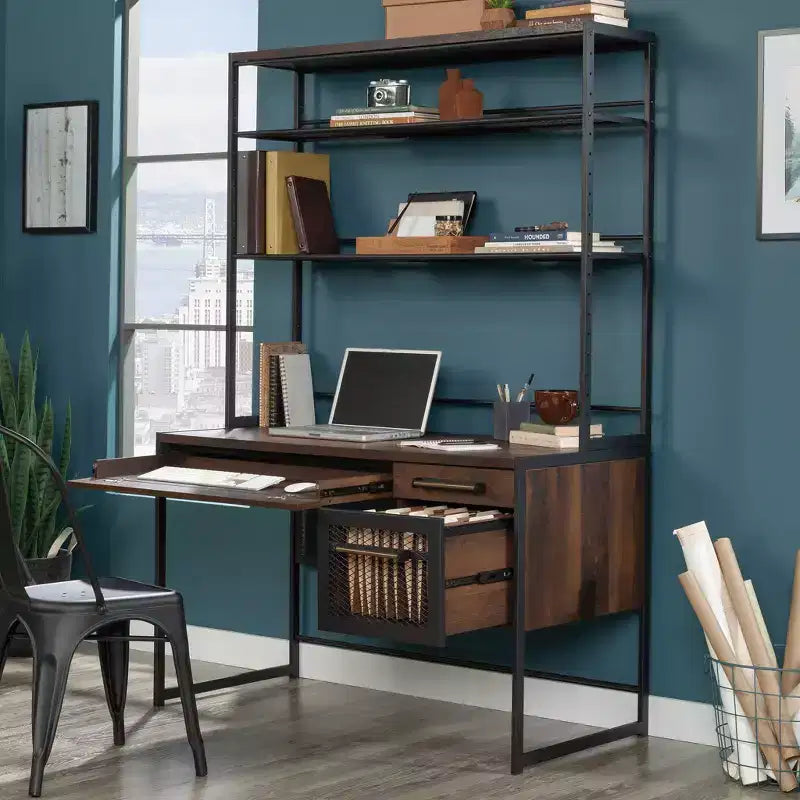 Bureau d'ordinateur à domicile avec huche, étagère et tiroir classeur, chêne baril