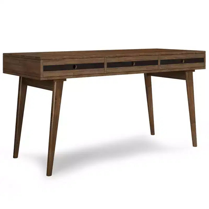 Bureau en acacia massif, aspect rustique brun vieilli naturel, 3 tiroirs