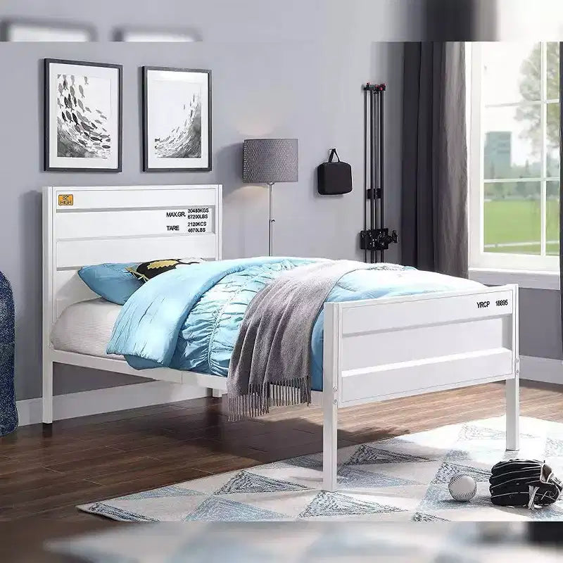 Lit double 79", blanc, cadre en métal contemporain, sommier tapissier non requis