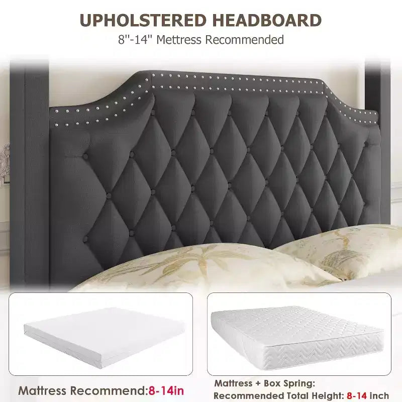 Cadre de lit à baldaquin Queen Size avec 4 poteaux, supports d'angle, sommier à lattes en bois massif, pas besoin de sommier tapissier, sans bruit