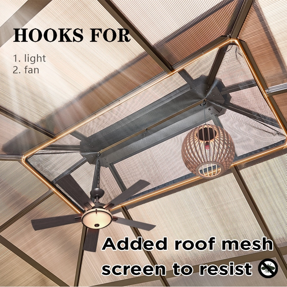 Tonnelle EROMMY à toit rigide, pergola extérieure avec double toit, moustiquaire et rideaux, auvent robuste pour patio, jardin, fête au bord de la piscine