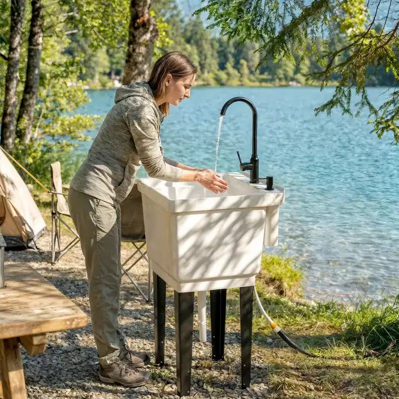 Évier utilitaire portable pour buanderie, bac à laver autoportant avec robinet, distributeur de savon et tuyaux