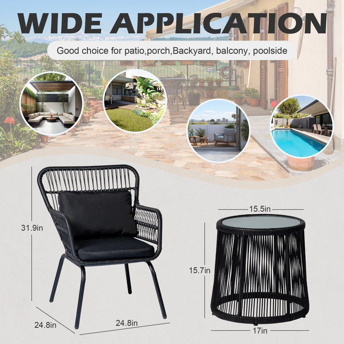 Ensemble bistrot 3 pièces en osier pour conversation, salon de jardin en rotin résistant aux intempéries avec coussins