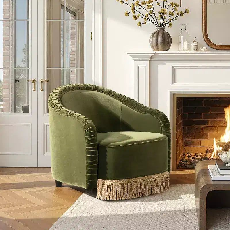 Jennifer Taylor Home Serena fauteuil d'appoint avec dossier capitonné et franges, velours performant vert olive, 80 cm