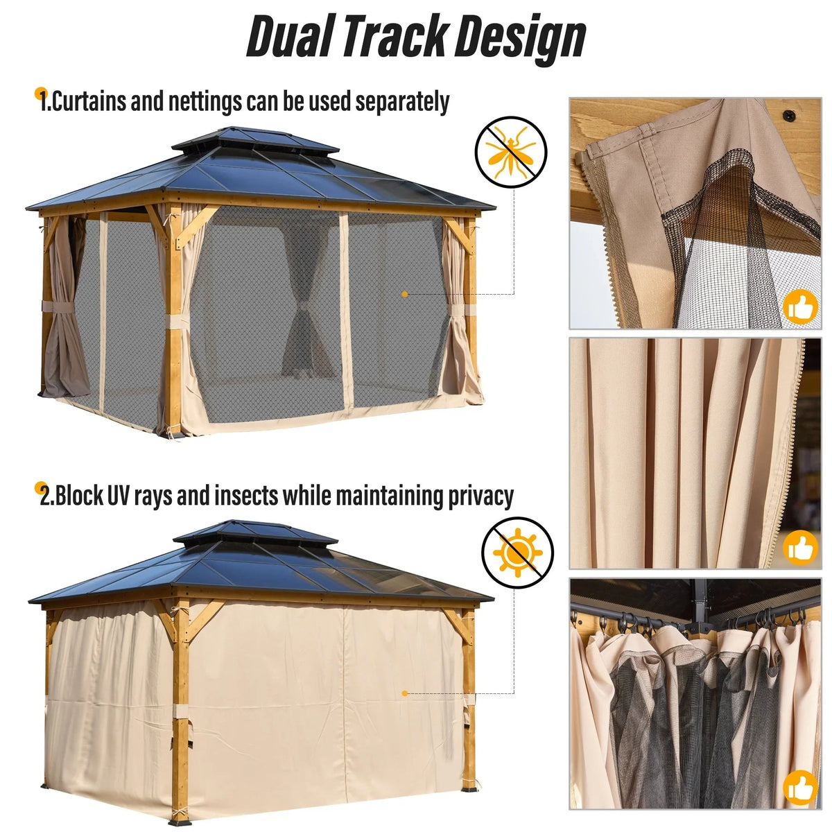 Tonnelle EROMMY à toit rigide, pergola extérieure avec double toit, moustiquaire et rideaux, auvent robuste pour patio, jardin, fête au bord de la piscine