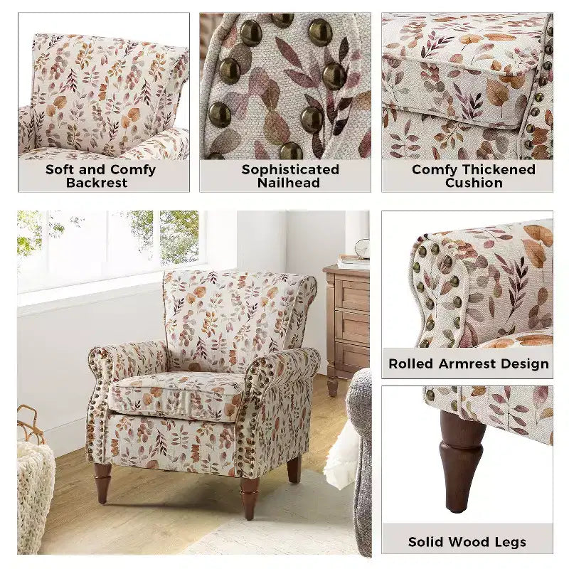 Fauteuil en bois traditionnel Araceli, rembourré à motifs floraux, avec dossier à oreilles et garniture cloutée | ART OF LIVING DESIGNS