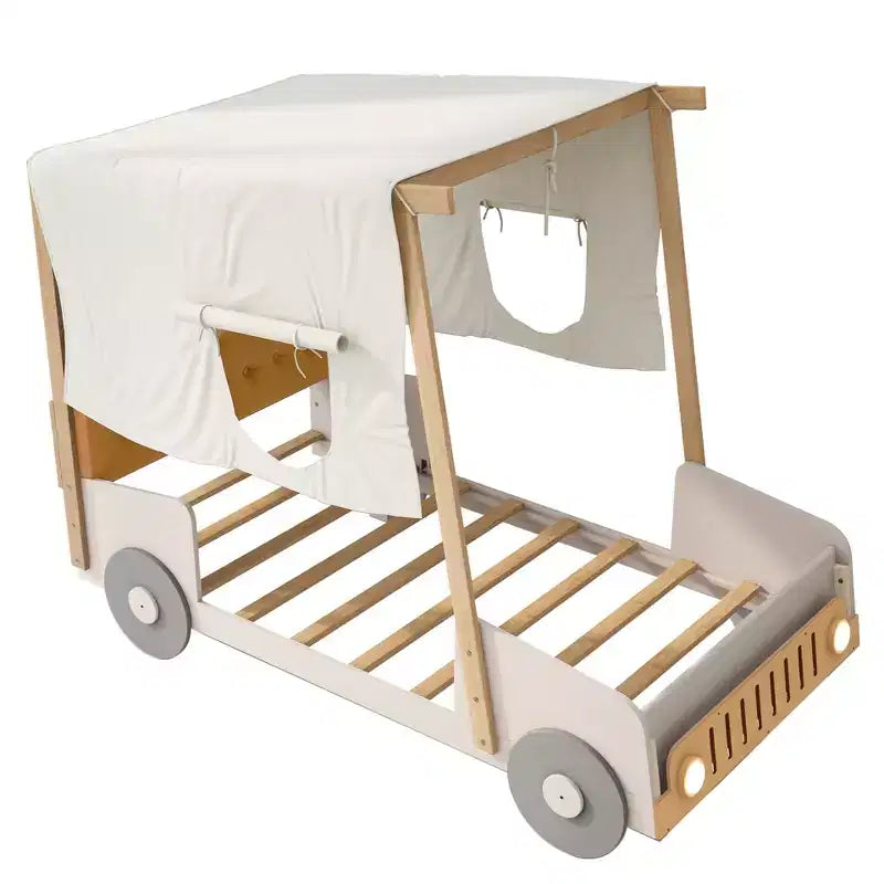 Lit de voiture Whisen Wood avec oreiller, tissu de plafond et LED - Naturel