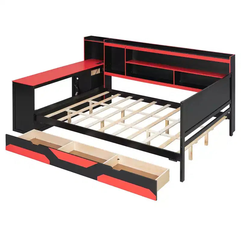 Lit de repos de jeu double/grand avec tête de lit bibliothèque, lumières LED, bureau intégré, tiroirs et station de charge