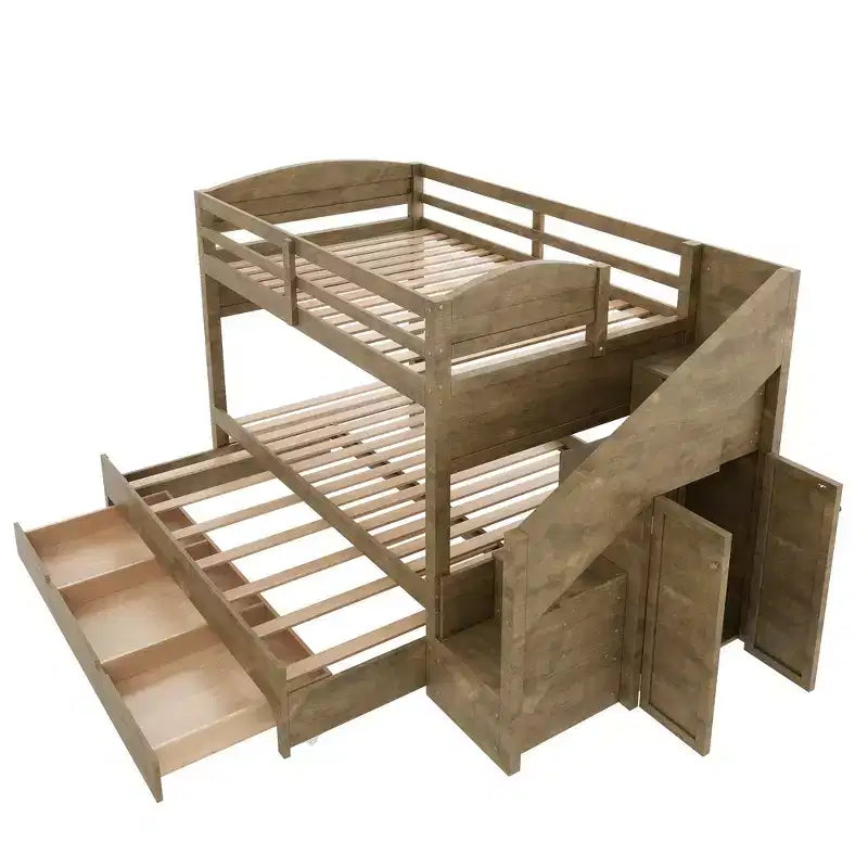 Lit superposé Whisen Twin XL avec lit gigogne, lit superposé avec rangement, lit superposé en bois massif, escalier de rangement, armoire, 3 tiroirs, pour enfants