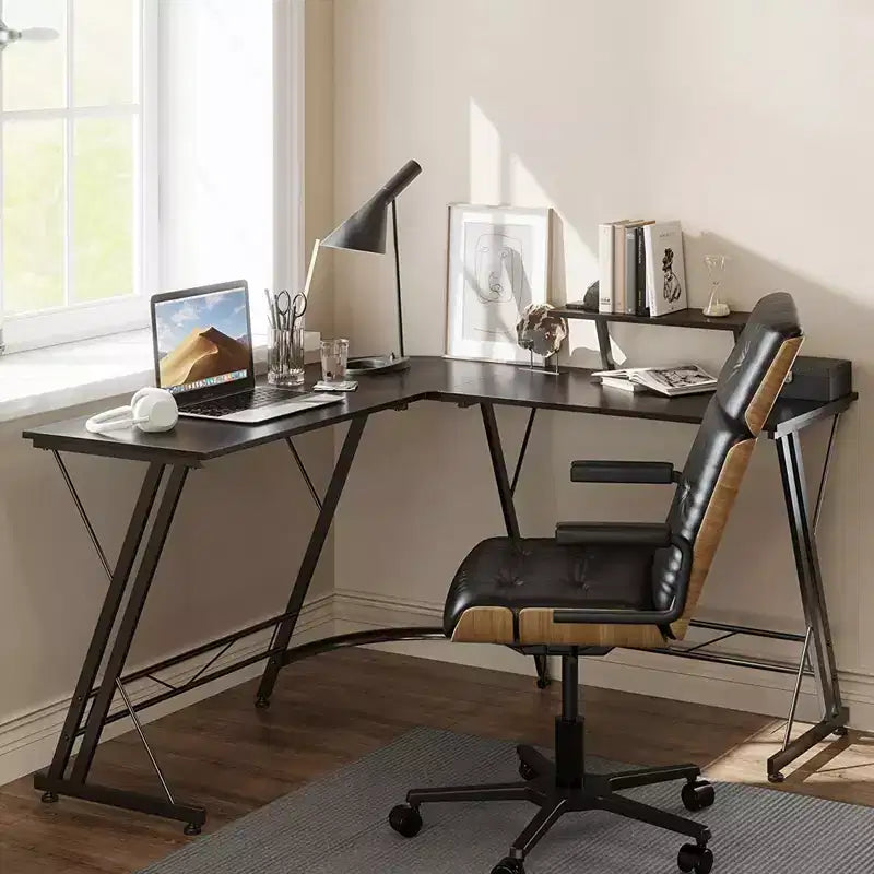 Bureau d'angle en L pour ordinateur et télétravail avec support d'écran amovible, montage facile, noyer noir