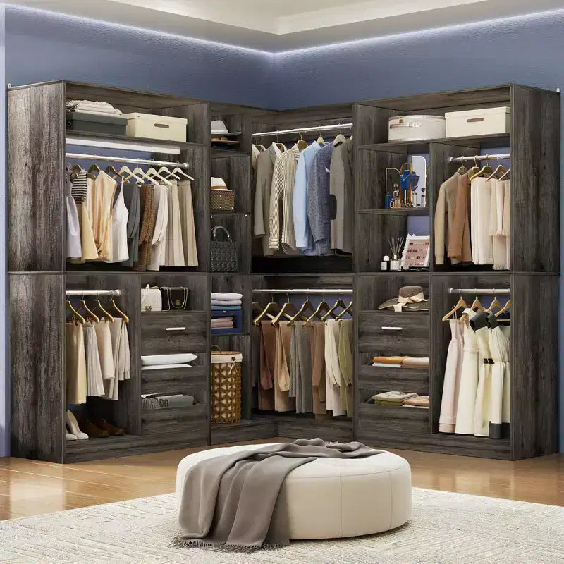 Besiost Lot de 3 dressings d'angle avec étagères et tiroirs, organisateur de placard autoportant avec tringles à vêtements