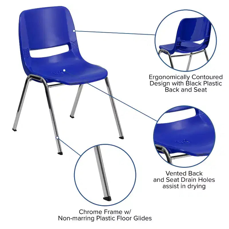 Lot de 4 chaises empilables ergonomiques avec coque et cadre chromé, capacité de 400 kg, hauteur d'assise de 45 cm
