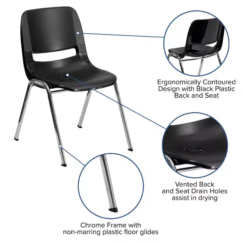 Lot de 4 chaises empilables ergonomiques avec coque et cadre chromé, capacité de 400 kg, hauteur d'assise de 45 cm