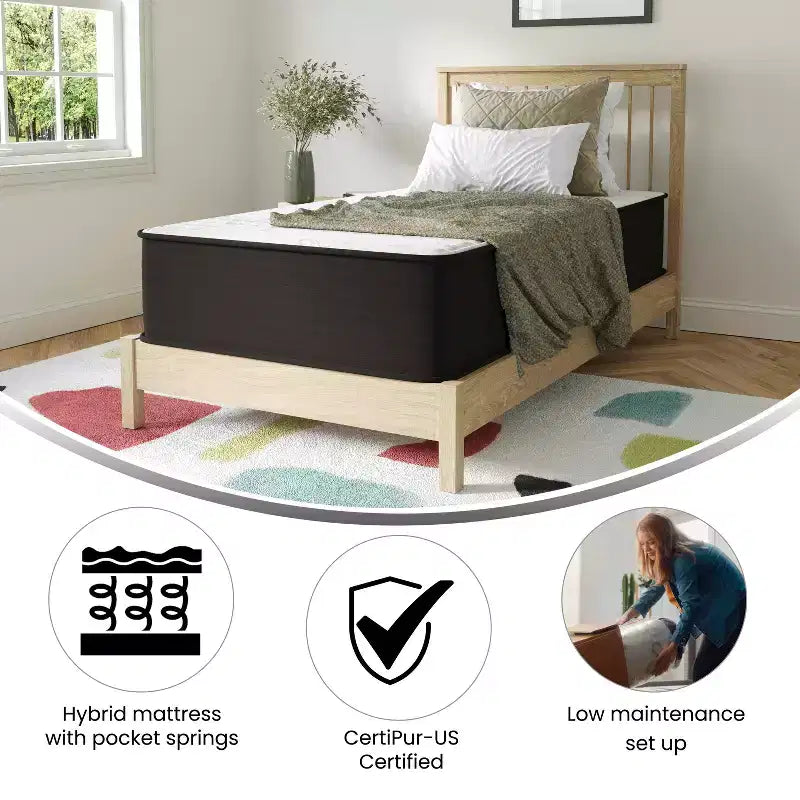 Matelas hybride 30 cm en mousse haute densité et ressorts ensachés, certifié CertiPUR-US, matelas en boîte