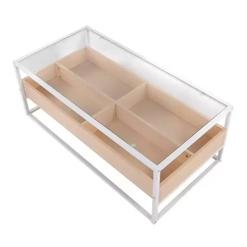 Table basse vitrine en verre trempé avec compartiments de rangement