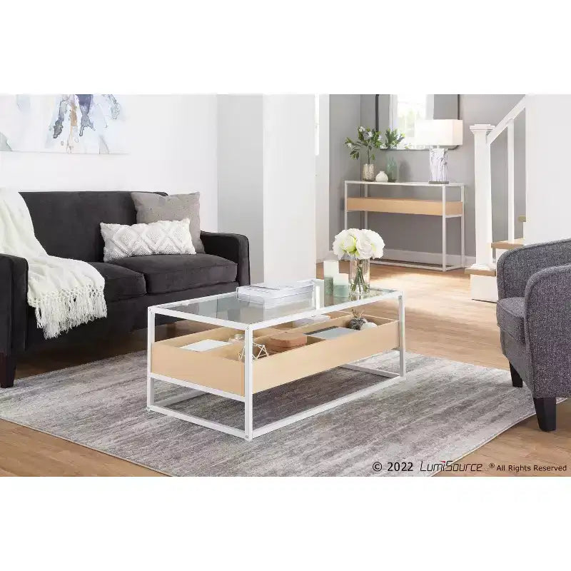 Table basse vitrine en verre trempé avec compartiments de rangement