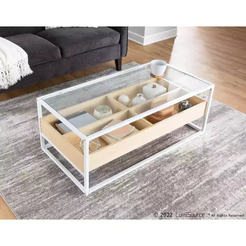 Table basse vitrine en verre trempé avec compartiments de rangement