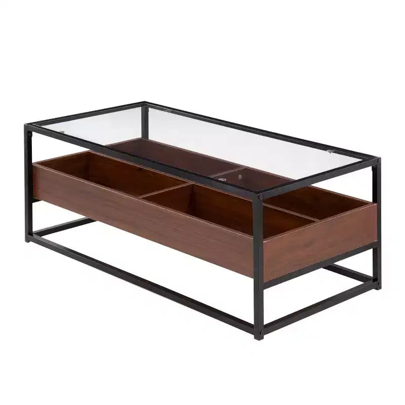 Table basse vitrine en verre trempé avec compartiments de rangement