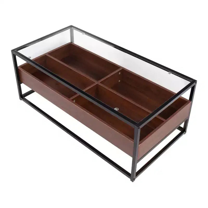 Table basse vitrine en verre trempé avec compartiments de rangement