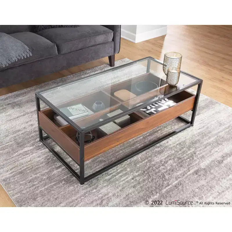 Table basse vitrine en verre trempé avec compartiments de rangement