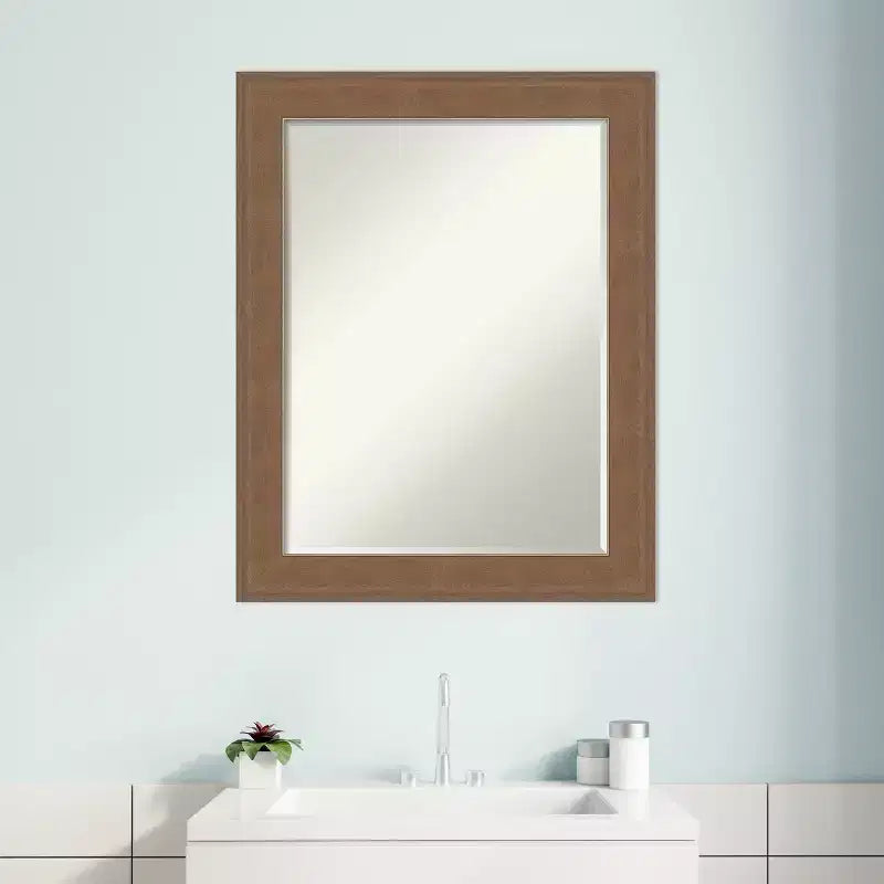 Petit miroir mural biseauté pour salle de bain, cadre en bois gris brun