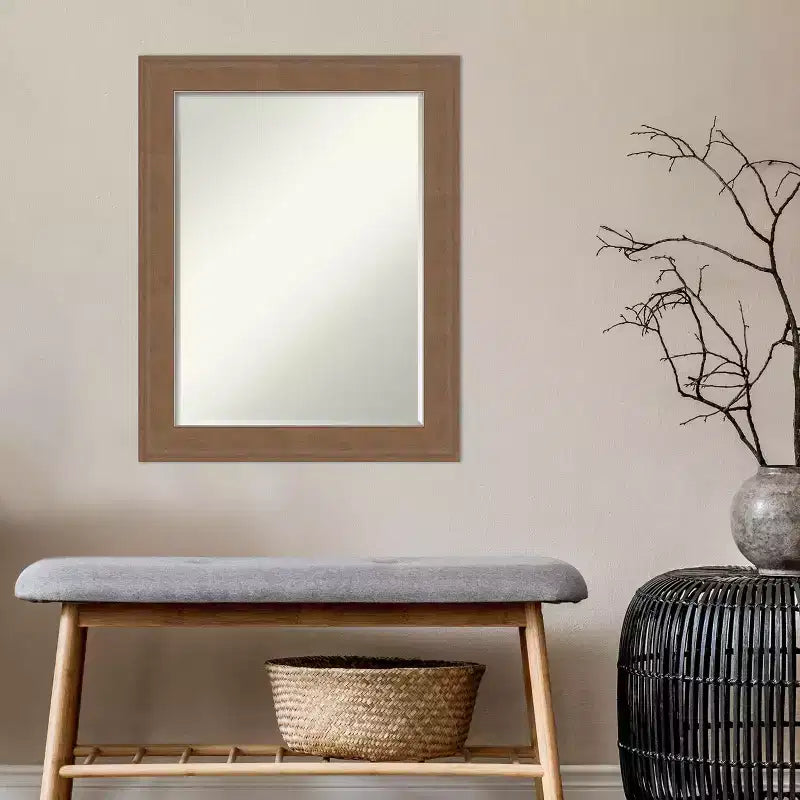 Petit miroir mural biseauté pour salle de bain, cadre en bois gris brun