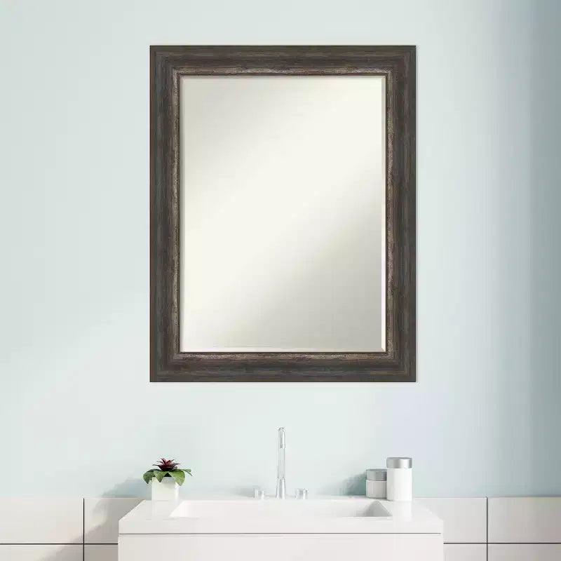 Petit miroir mural biseauté pour salle de bain, cadre en bois gris brun