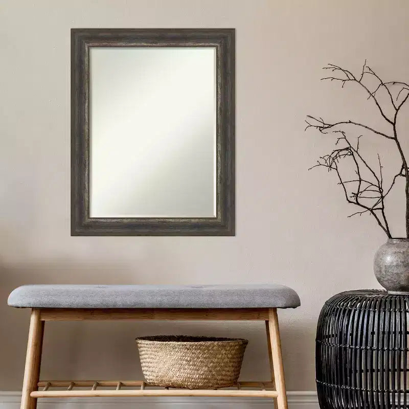 Petit miroir mural biseauté pour salle de bain, cadre en bois gris brun