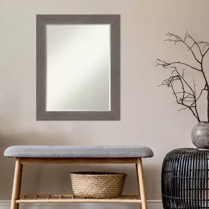 Petit miroir mural biseauté pour salle de bain, cadre en bois gris brun