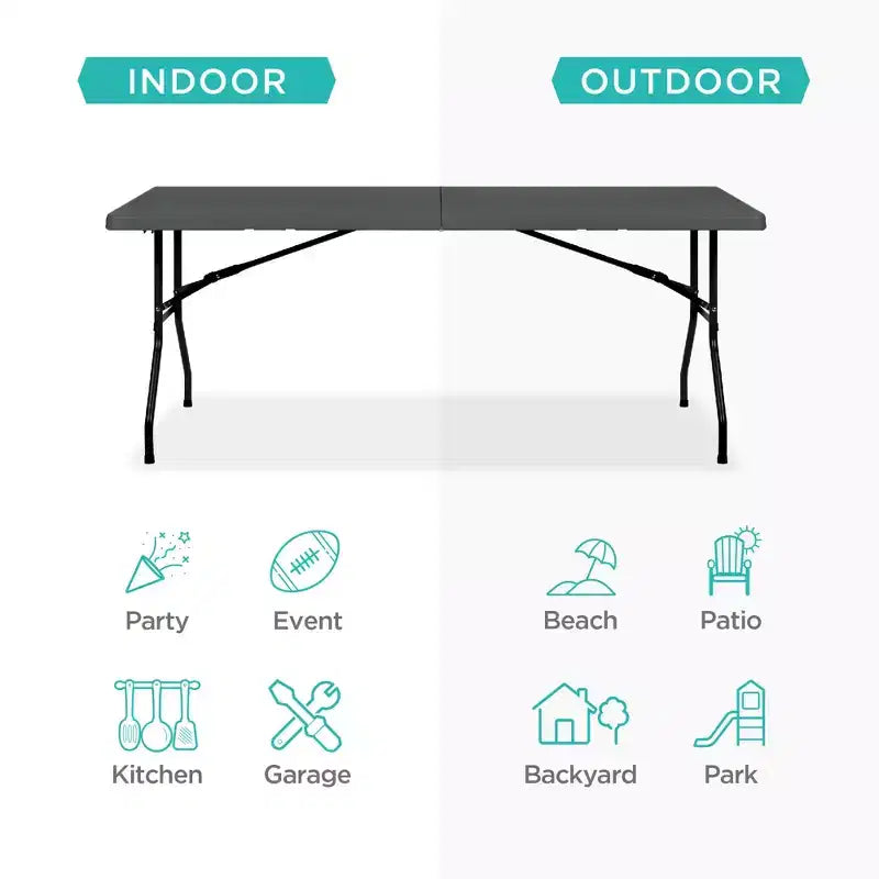 Table pliante en plastique de 1,8 m, pour intérieur et extérieur, robuste, portable avec poignée et verrouillage