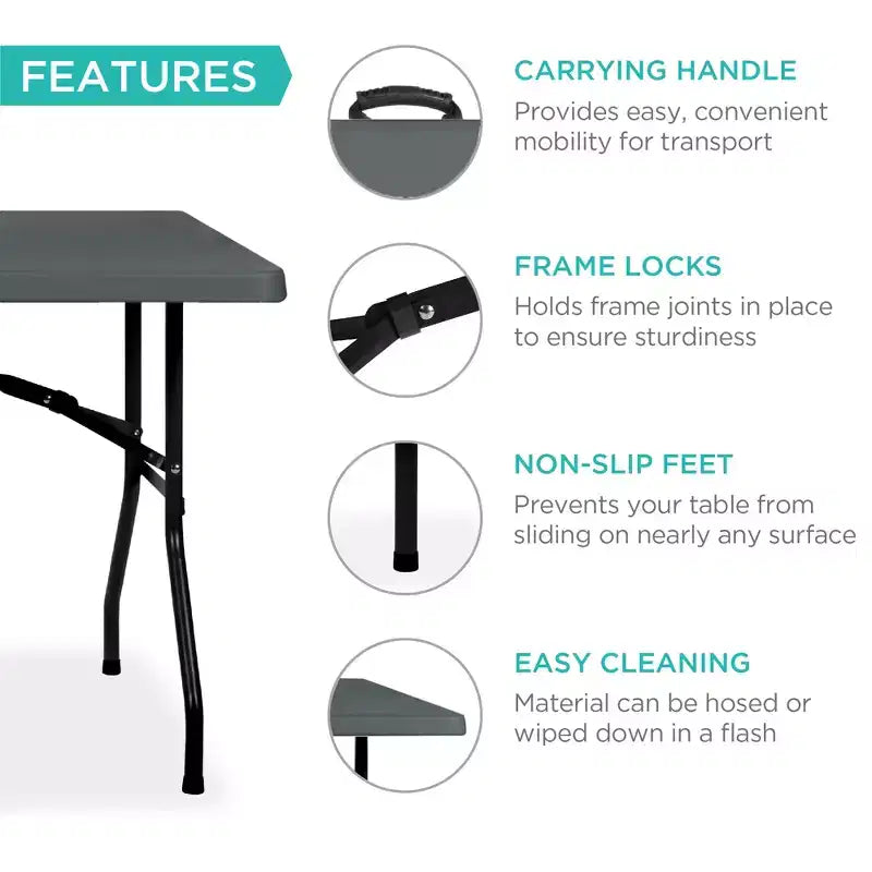 Table pliante en plastique de 1,8 m, pour intérieur et extérieur, robuste, portable avec poignée et verrouillage