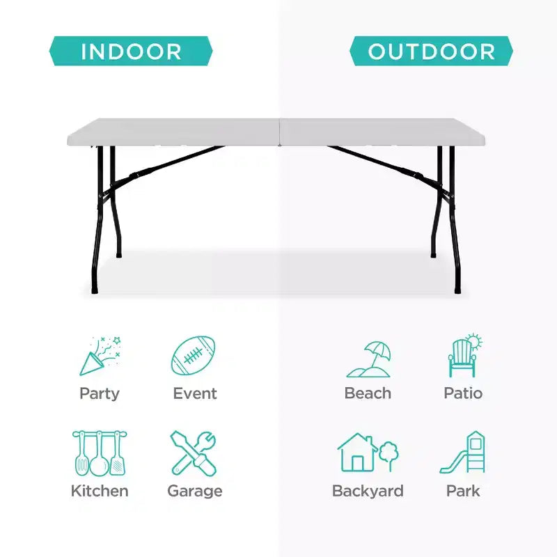 Table pliante en plastique de 1,8 m, pour intérieur et extérieur, robuste, portable avec poignée et verrouillage