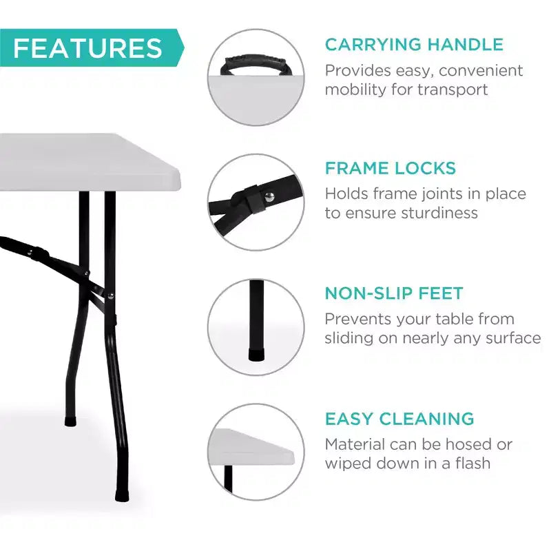 Table pliante en plastique de 1,8 m, pour intérieur et extérieur, robuste, portable avec poignée et verrouillage