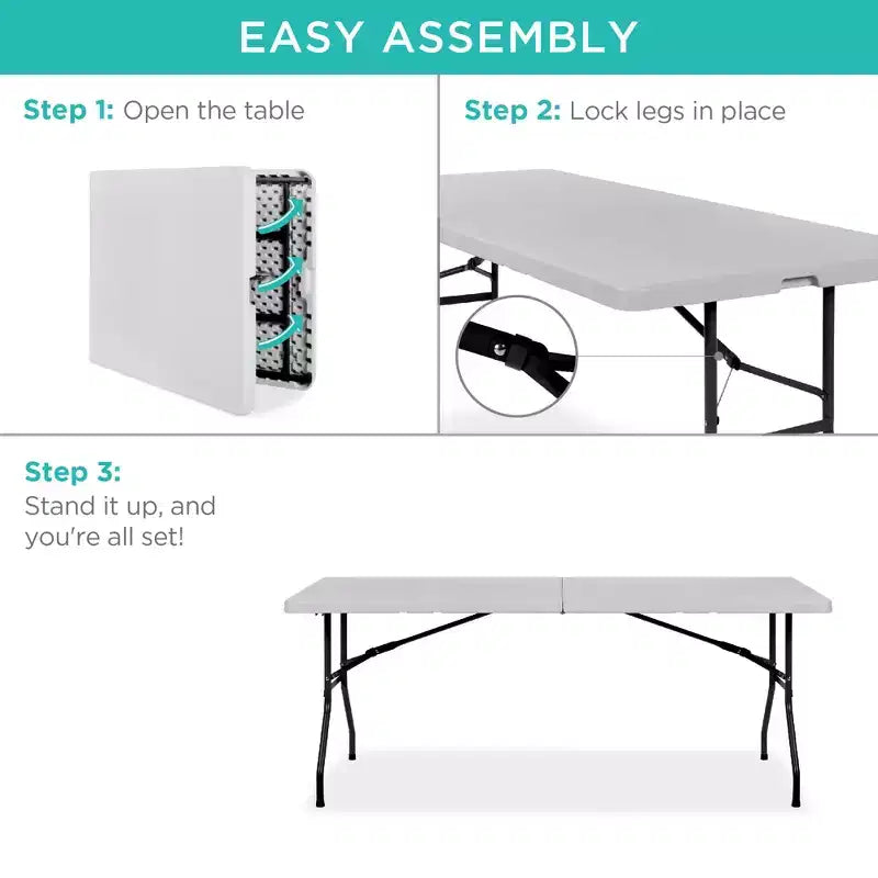 Table pliante en plastique de 1,8 m, pour intérieur et extérieur, robuste, portable avec poignée et verrouillage