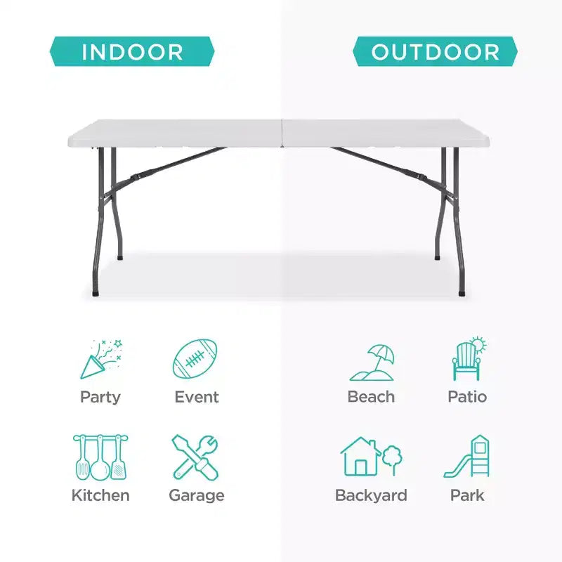 Table pliante en plastique de 1,8 m, pour intérieur et extérieur, robuste, portable avec poignée et verrouillage