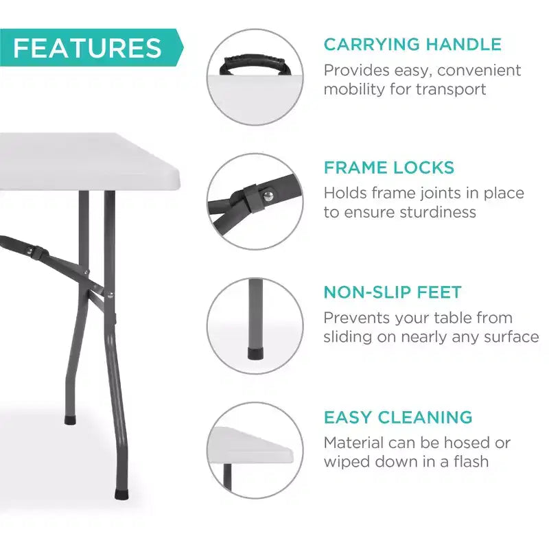 Table pliante en plastique de 1,8 m, pour intérieur et extérieur, robuste, portable avec poignée et verrouillage