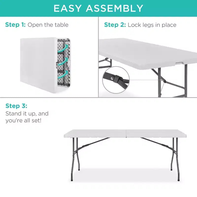 Table pliante en plastique de 1,8 m, pour intérieur et extérieur, robuste, portable avec poignée et verrouillage