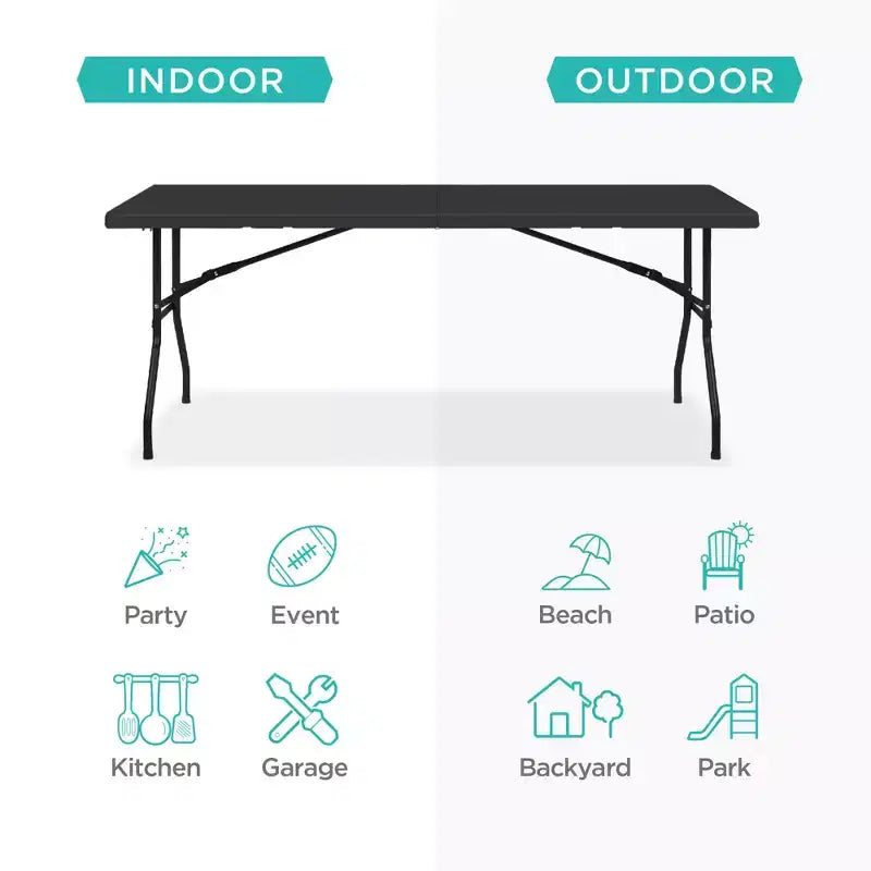 Table pliante en plastique de 1,8 m, pour intérieur et extérieur, robuste, portable avec poignée et verrouillage