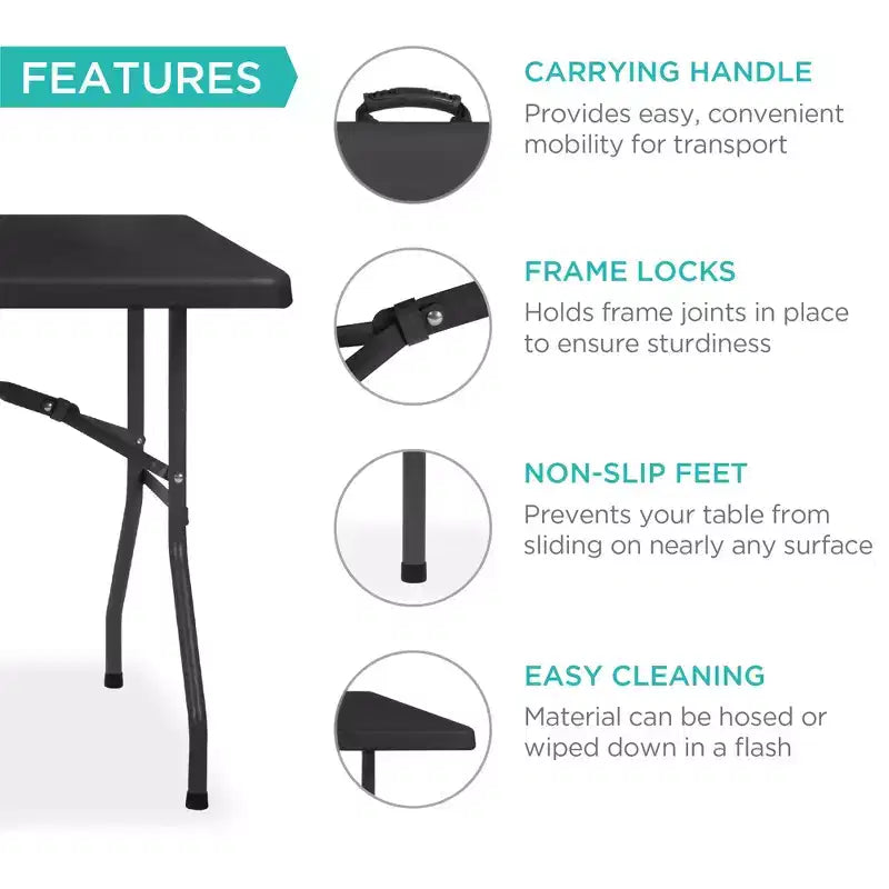 Table pliante en plastique de 1,8 m, pour intérieur et extérieur, robuste, portable avec poignée et verrouillage