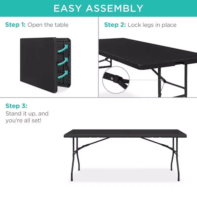Table pliante en plastique de 1,8 m, pour intérieur et extérieur, robuste, portable avec poignée et verrouillage