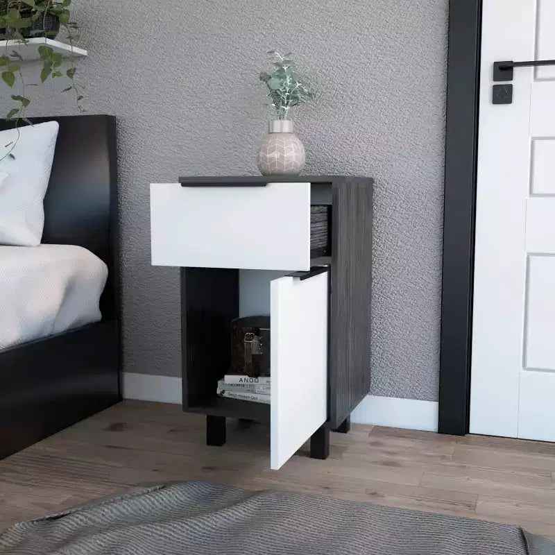 Table de chevet avec tiroir et placard, blanc