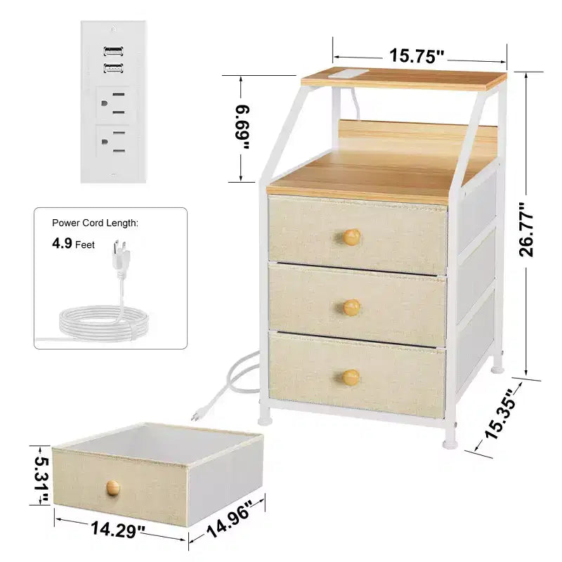 Table de chevet moderne à 2 étagères et 3 tiroirs avec station de charge, Gris-taupe