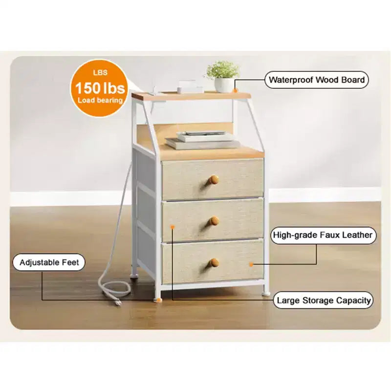 Table de chevet moderne à 2 étagères et 3 tiroirs avec station de charge, Gris-taupe